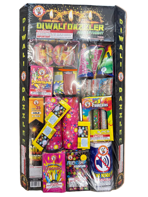 Diwali firework display set with various colorful packages on a gray surface